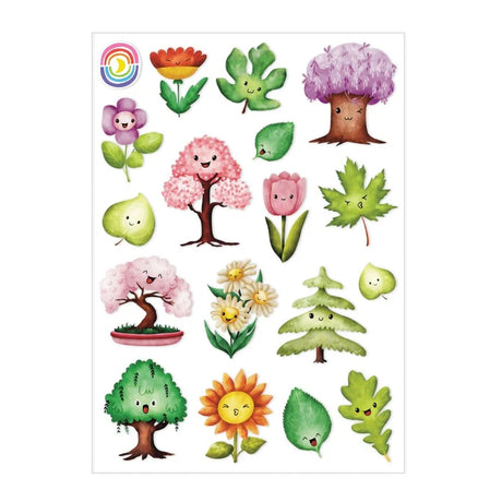 A sheet of stickers measuring 4.25" x 5.8" with vibrant smiling trees, leaves, and flowers. 