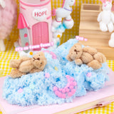 Fuwa Fuwa Time Icee Cloud Slime with fluffy blue texture, pink moon, stars, and cuddly bear charm on pastel background.