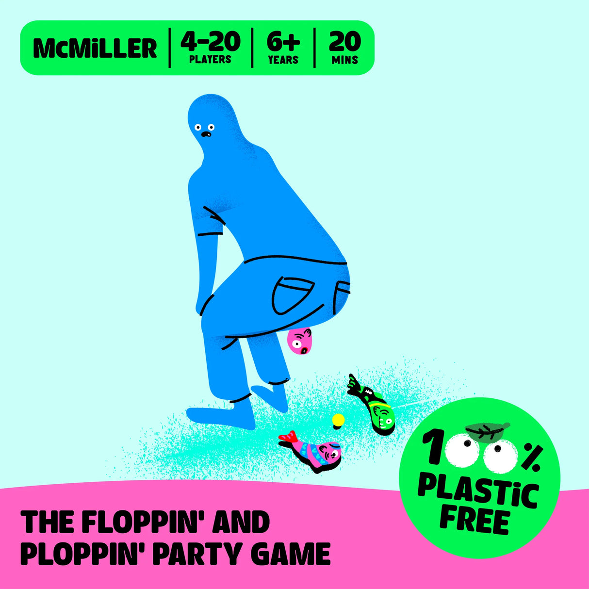 Fish Fight party game showing a blue character playing with colorful fish pieces, plastic-free and for all ages.