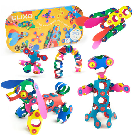 Clixo | Rainbow Pack shows colorful magnetic pieces built into playful shapes with 42 pieces for creative STEAM play.