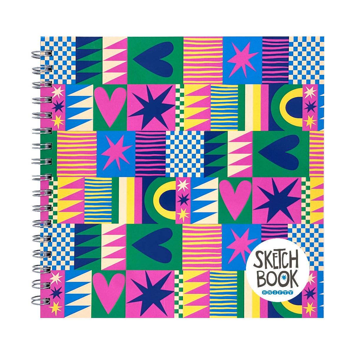 Square Sketchbook | Geo Love with vibrant geometric heart and star patterns, 9x9 inches, spiral bound with perforated pages.