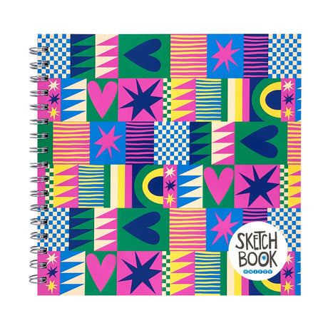 Square Sketchbook | Geo Love with vibrant geometric heart and star patterns, 9x9 inches, spiral bound with perforated pages.