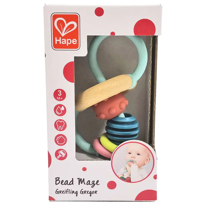 Bead Maze sensory toy with wooden ring, textured infinity track, rubbery beads, and discs for babies 3 months plus.