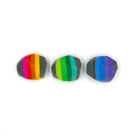 Box of Rocks Erasers set of three colorful rock-shaped erasers with bright striped middles for kids ages 3 and up