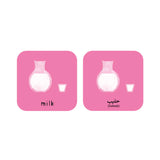 Sample pair of cards measuring 2.95" x 2.95" featuring cartoon image of milk with English and Arabic translations.