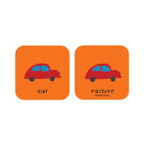 Sample pair of cards measuring 2.95" x 2.95" featuring cartoon image of a car and English and French translations for "car".