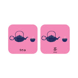 Sample pair of cards measuring 2.95" x 2.95" featuring cartoon image of a tea kettle and mug and English and Mandarin translations for "tea".