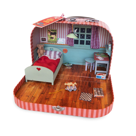 Sam & Julia | Mouse Mansion to Go miniature bedroom in a striped suitcase with bed, toys, and furniture pieces.