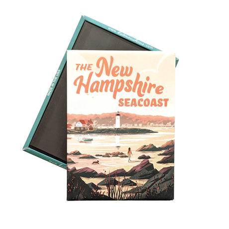 New Hampshire Seacoast Magnet with soft-touch matte finish featuring a coastal lighthouse and shoreline illustration.