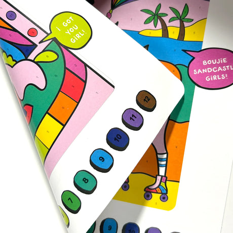 Colortopia Color by Number | Unicorn Funland showing colorful numbered sections and playful beach scene artwork.