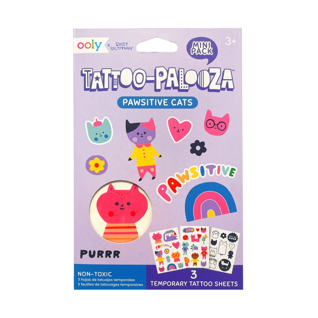 Pawsitive Cats Tattoos mini pack with three sheets of colorful and black-and-white cat temporary tattoos for kids ages 3 and up.