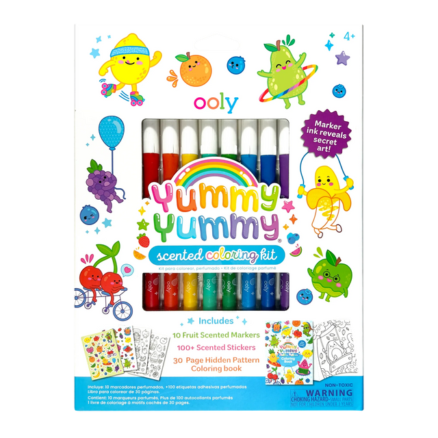 Yummy Yummy Scented Coloring Kit with 10 fruit-scented markers, 100+ scented stickers, and a hidden pattern coloring book.