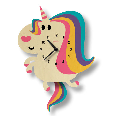 Wood Pendulum Clock | Unicorn with colorful mane, natural wood finish, and silent quartz movement for easy wall hanging.