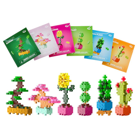 Plus Plus Playful Plant Packet with six nature-themed plant builds and seed pack-style packaging.