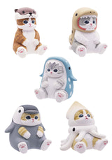 Depiction of the five different styles of Mofusand that may be in the box: a cat dressed as a squid, sea otter, penguin, whale shark, and eel.