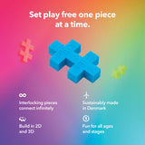 Plus Plus Activity Pad | Ocean showing colorful interlocking pieces with features like 2D and 3D builds and sustainable design.