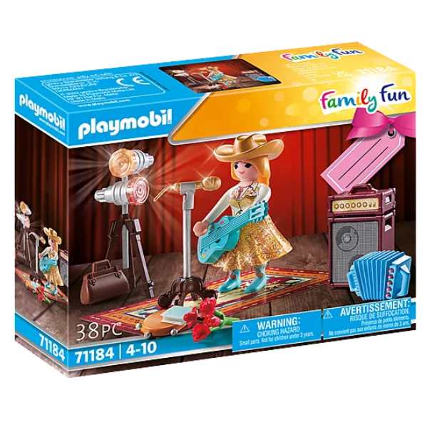 Family Fun | Country Singer Playmobil set with figure, guitar, microphone, spotlight, and musical accessories for kids.