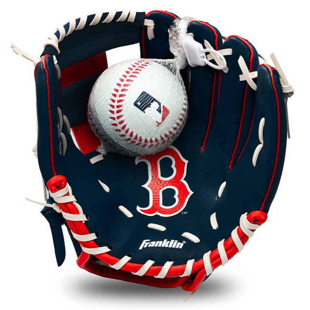 MLB Boston Red Sox Glove & Ball showing a navy blue 9.5" youth glove with the Red Sox logo and foam baseball.