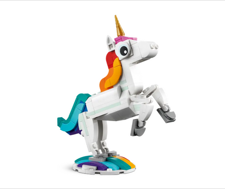 Creator Magical Unicorn posable building set showing a unicorn rearing on two back legs with a colorful mane and tail.