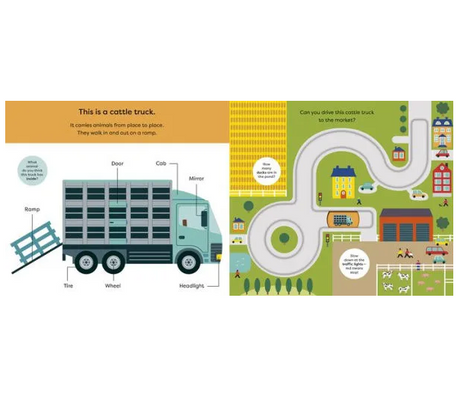 Make Tracks: Farm interactive board book showing a cattle truck with labeled parts and a farm road map for kids.
