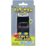 Tiny Arcade Pacman handheld miniature arcade game with joystick, button controls, and keychain in clear packaging.