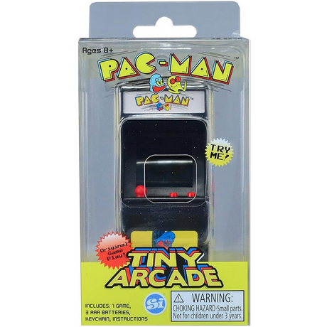 Tiny Arcade Pacman handheld miniature arcade game with joystick, button controls, and keychain in clear packaging.