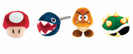 Super Mario Junior Character plush toys including Mushroom, Chain Chomp, Goomba, and Koopa Shell, each sold separately.