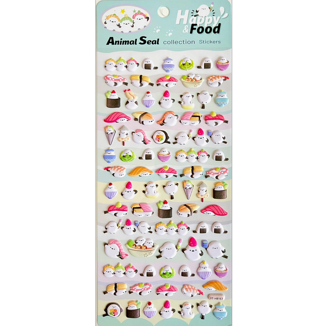 Sushi Puffy Stickers sheet with cute sushi and food designs to decorate notes, planners, and crafts.