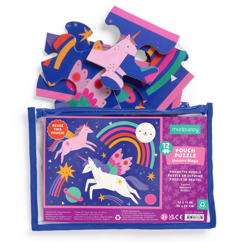 12pc Unicorn Puzzle Pouch with colorful unicorn design, 12 extra-thick pieces, and reusable zippered storage pouch.