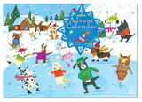 eeBoo Advent Calendar with festive critters ice skating on a snowy winter scene, single paperboard calendar 11"x15