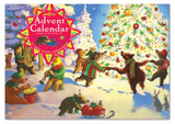 eeBoo Advent Calendar with festive woodland animals celebrating around a decorated Christmas tree in snow.