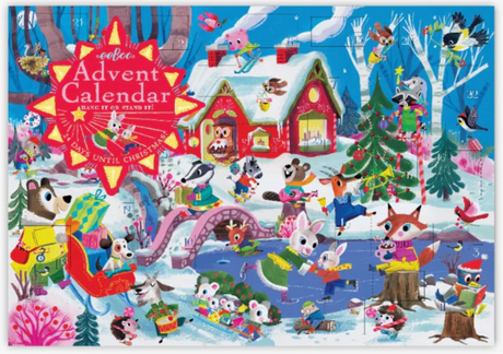 eeBoo Advent Calendar featuring festive woodland animals celebrating in a snowy holiday scene, 11x15 inches paperboard design.