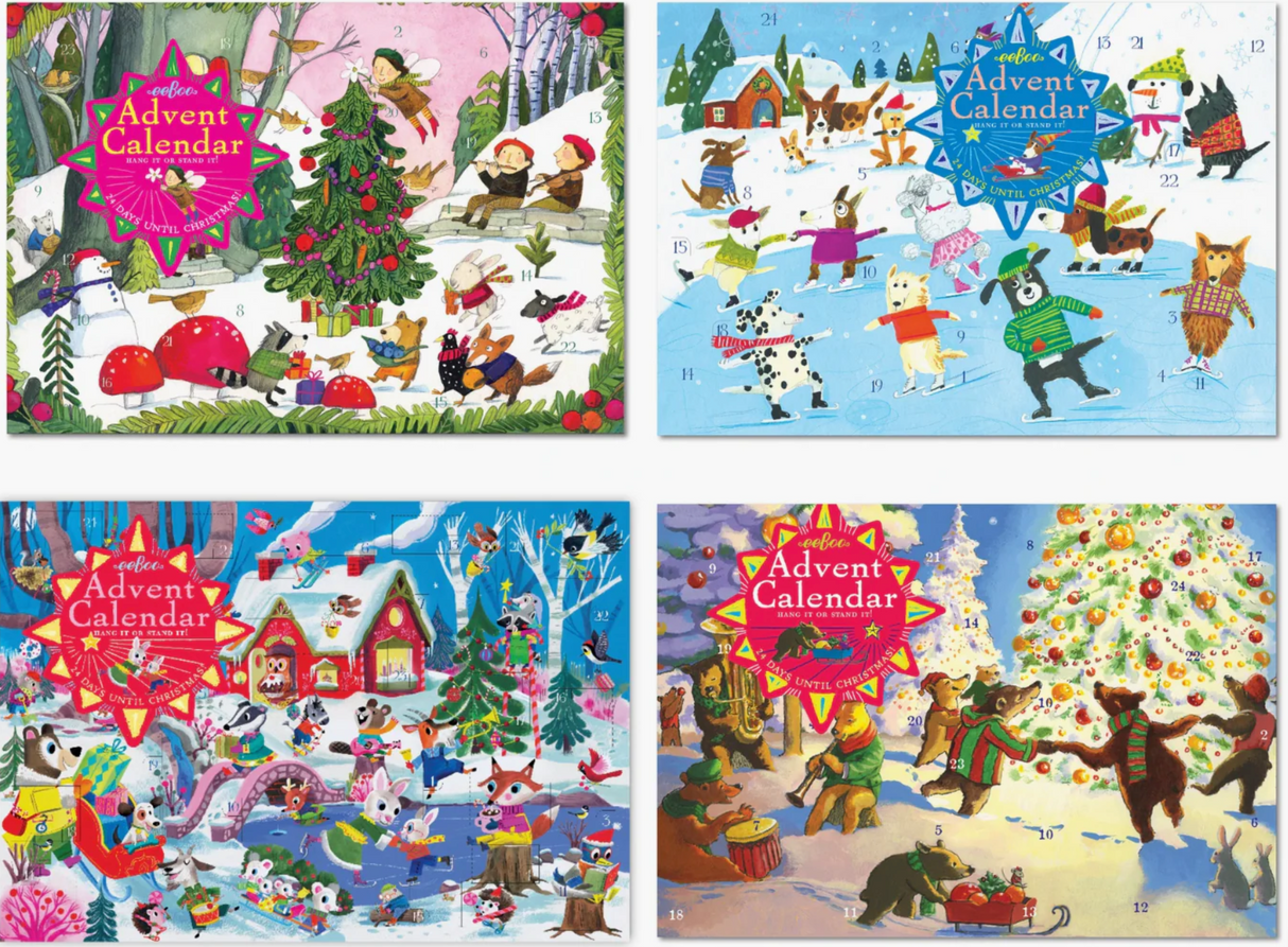 eeBoo Advent Calendar featuring festive scenes with critters and holiday cheer on 11"x15" paperboard calendar.