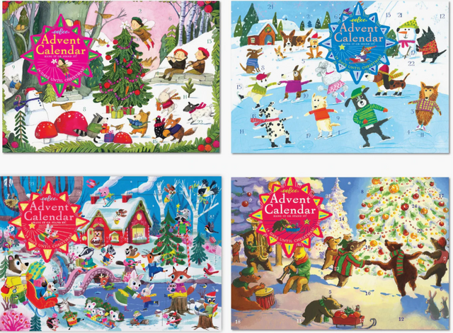 eeBoo Advent Calendar featuring festive scenes with critters and holiday cheer on 11"x15" paperboard calendar.