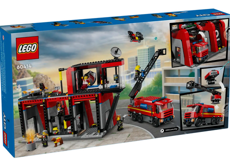 LEGO City Fire Station with Fire Truck set featuring modern fire station, fire engine, drone, and five firefighter minifigures.