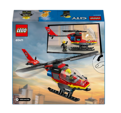 LEGO City Fire Rescue Helicopter toy with water launchers, spinnable rotors, and firefighter minifigure cockpit.