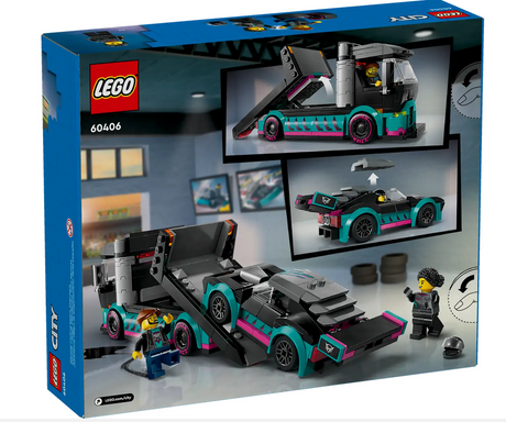 LEGO City Race Car and Car Carrier Truck set with race car, carrier truck, and minifigures for kids 6 and up.