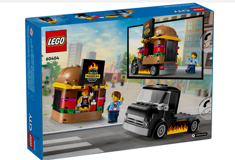 LEGO City Burger Truck playset with a mobile burger joint, vendor, customer minifigure, and flame-grilled burger sign.