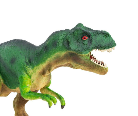 Tyrannosaurus Rex figure in green with red eyes, showing detailed texture and open mouth with teeth, 7 inches long.