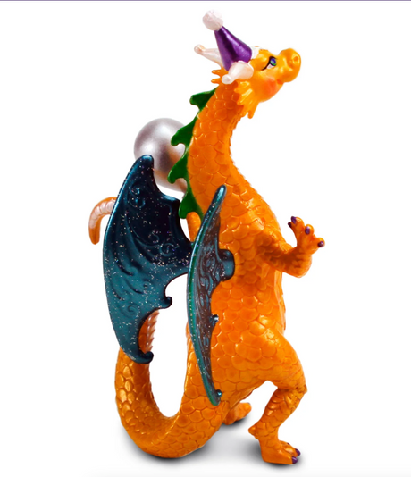 Party Dragon figurine with orange scales, blue wings, and purple party hat, ready for birthday celebrations.