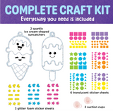 Sticker Suncatchers craft kit with ice cream designs, translucent and glitter foam stickers, plus suction cups for display.
