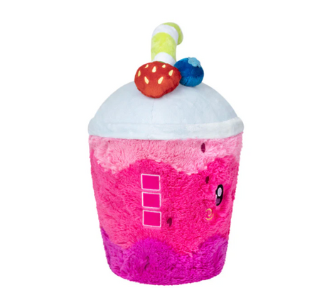 Soft plush smoothie toy in pink with whipped cream and fruit toppings, perfect for all ages, titled Smoothie.