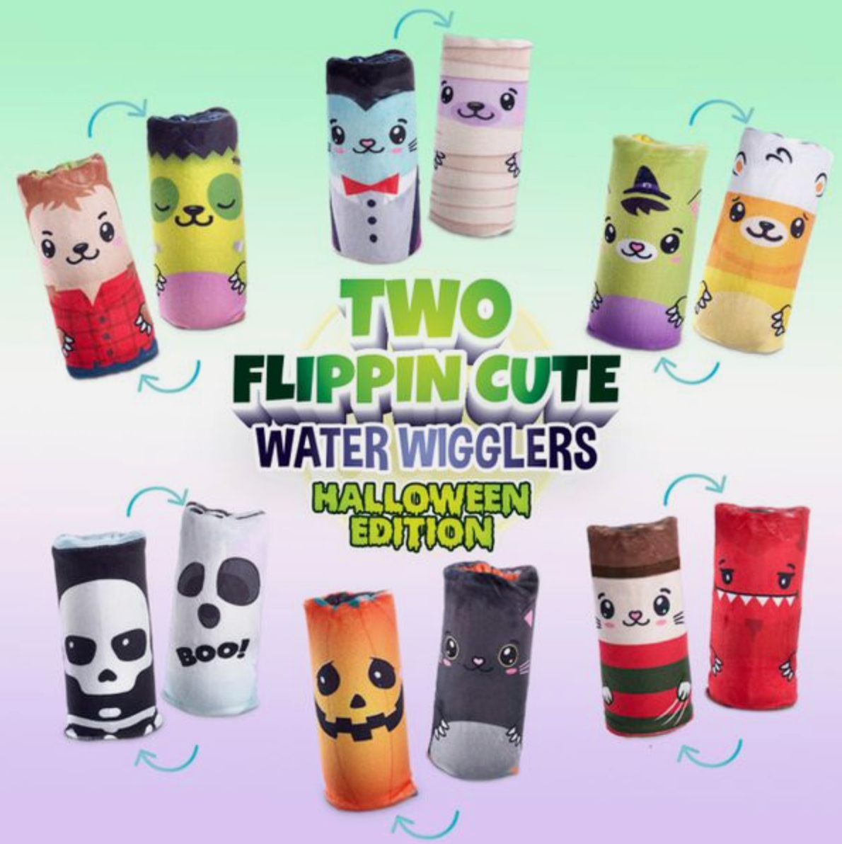 Two Flippin Cute Water Wiggler Halloween edition plush fidget toys with reversible spooky character designs.