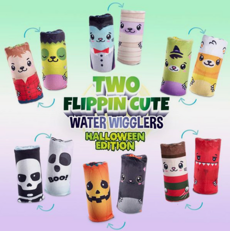 Two Flippin Cute Water Wiggler Halloween edition plush fidget toys with reversible spooky character designs.