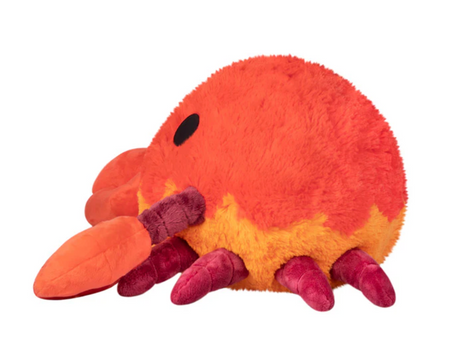 Crab plush toy with magnetic claws in bright orange and red, soft polyester fiber, ideal for all ages.