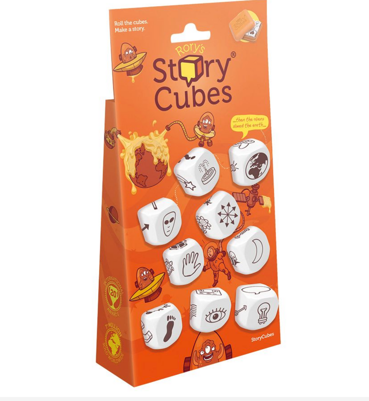 Rory's Story Cubes Classic packaging showing nine dice with various icons for creative storytelling fun.
