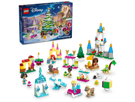 Disney Princess Advent Calendar with LEGO Disney characters, mini builds, and a colorful holiday castle playset for kids 5+.