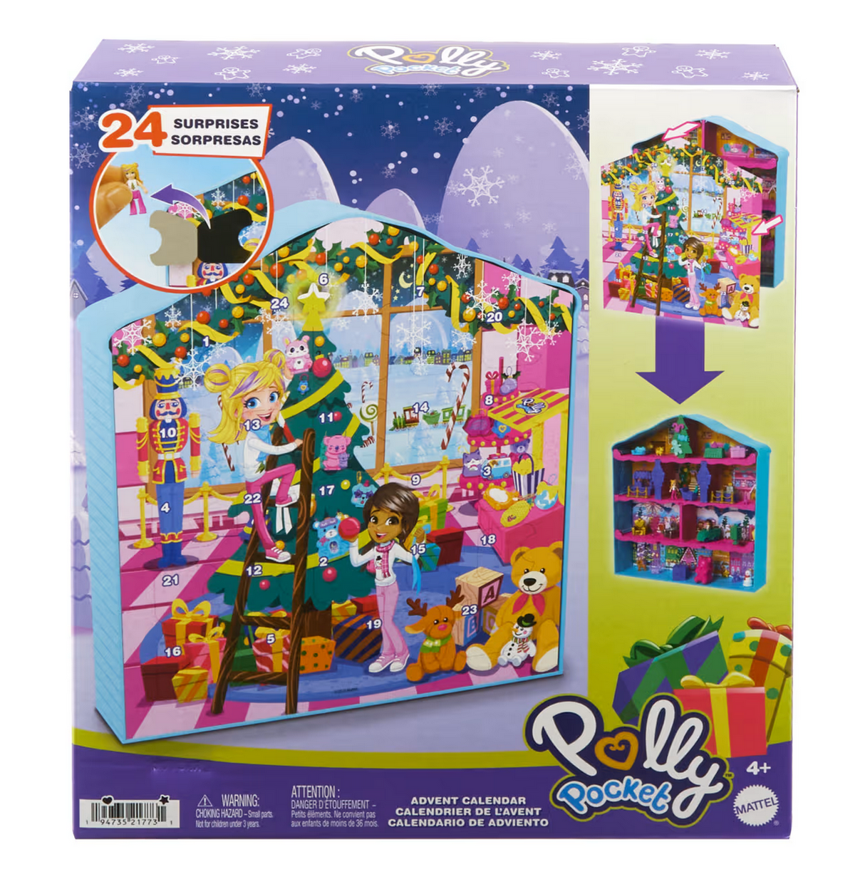 Polly Pocket Advent Calendar with 24 surprise gifts in a festive gingerbread house winter playset for kids ages 4 and up.