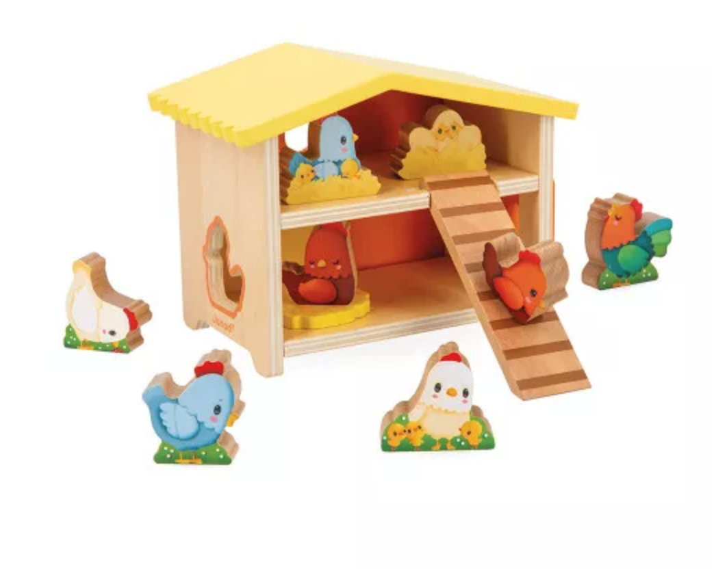 Farm My First Hen House wooden toy with colorful chickens, rooster, ladder, and nest for early learning and play.