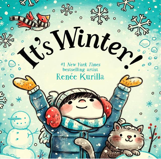 It's Winter! book cover showing a child in winter clothes with a cat, snowflakes, and a bird in a festive snowy scene.